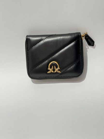 Elegant black women's wallet with gold emblem.