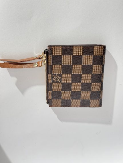 Checkered brown wallet with wrist strap, elegant and stylish design.