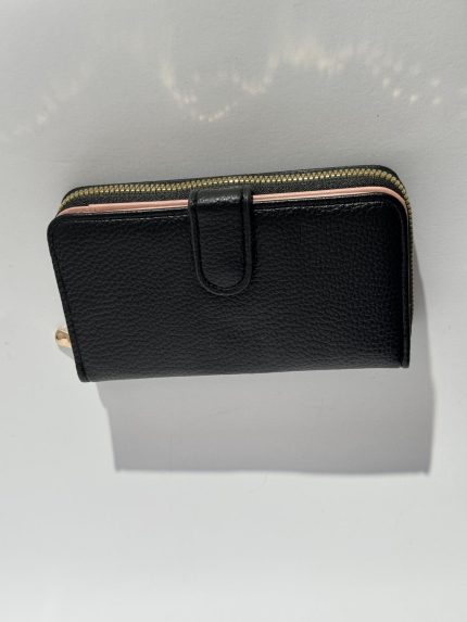 Elegant black women's wallet with zipper and clasp.