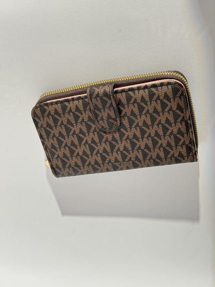 Michael Kors women's wallet, brown patterned design, zip closure.
