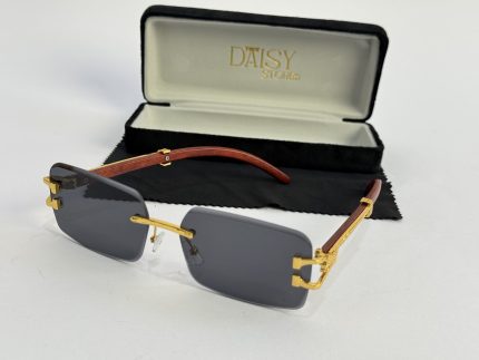 Men's sunglasses with gold accents and wooden arms in case.