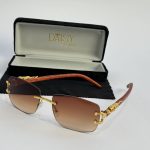 Men's sunglasses with gold accents and case, stylish protection.