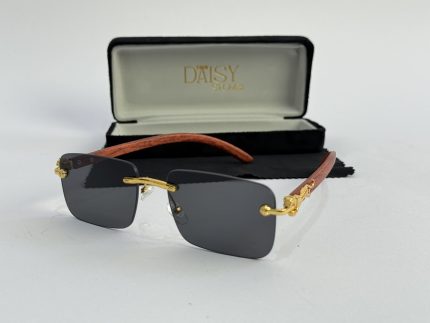 Men's sunglasses with gold accents and wooden arms in case.