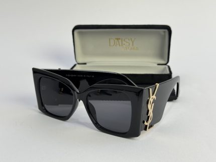 YSL women's sunglasses, black frame, gold logo, with case.