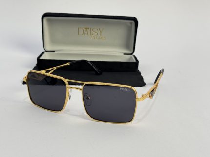 Prada women's sunglasses with gold frame and black lenses, case included.