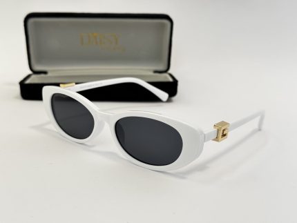 White Gucci women's sunglasses with gold accents and case.
