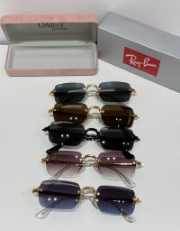 Ray-Ban sunglasses in various colors with cases displayed.