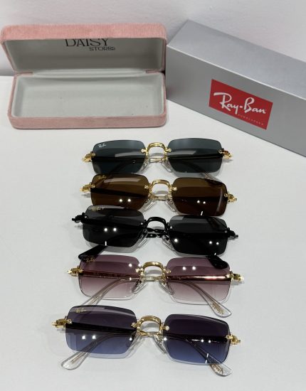 Ray-Ban sunglasses in various colors with cases displayed.