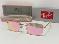 Ray-Ban sunglasses with pink lenses, gold frame, stylish protection.