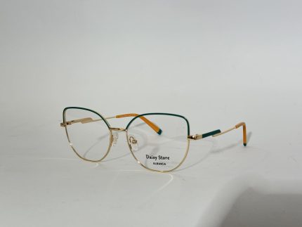 Elegant women's optical frames with gold and green accents.