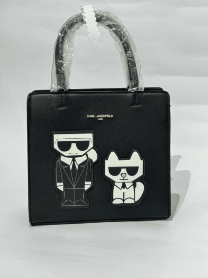 Çanta Karl Lagerfeld black tote për femra, me grafikë kartun.