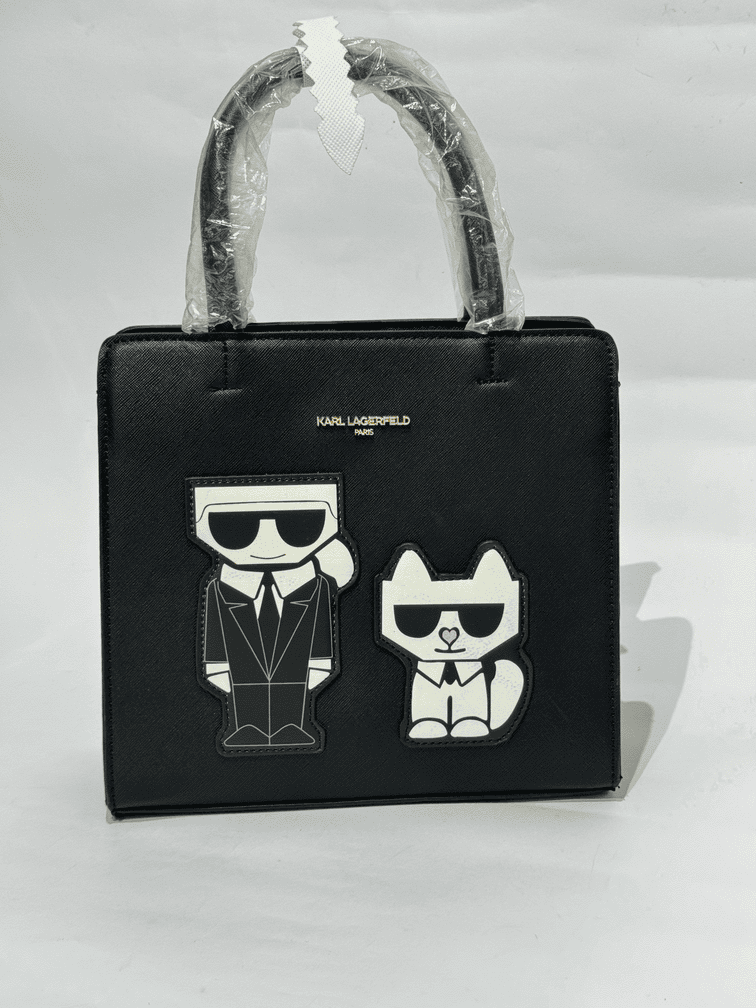 karl-lagerfeld-kryesore Çanta Karl Lagerfeld black tote për femra, me grafikë kartun.