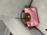 Pink Longchamp Le Pliage XS handbag on gray background.