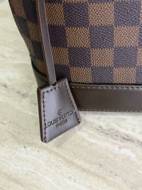 Louis Vuitton Alma BB shoulder bag detail on checkered pattern.