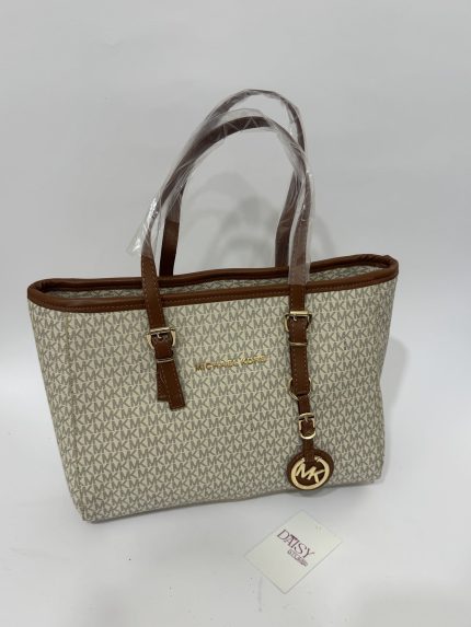 Michael Kors university bag with logo pattern and brown straps.