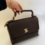 Chanel dark brown flap bag with handle and gold logo.