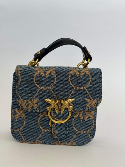 Pinko Love Bag Mini with gold accents and denim pattern.