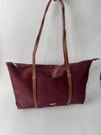 Burgundy nylon tote bag with leather straps.
