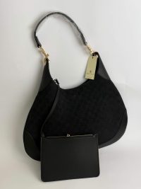 Black Gucci GG hobo bag with gold accents and pouch.