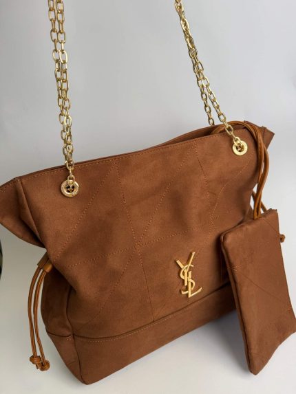 Saint Laurent suede tote with gold chain and logo.