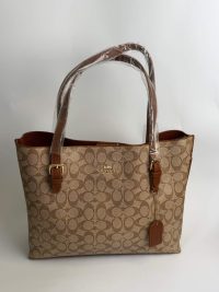 Coach Mollie Signature tote bag with brown leather handles.