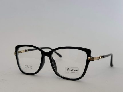 Black square glasses with gold accents, stylish and comfortable design.