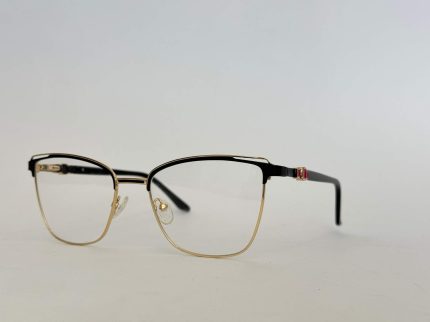 Elegant black and gold eyeglasses with clear lenses.