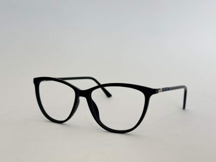 Stylish black women's eyeglasses frame on white background.