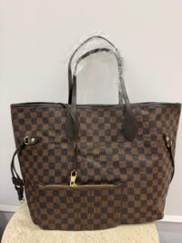 Louis Vuitton Neverfull checkered tote bag with pouch, elegant and spacious.