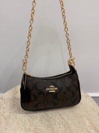 Coach Teri Shoulder Bag with chain, brown monogram design.