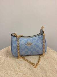 Blue Coach Teri Shoulder Bag with gold chain accents.