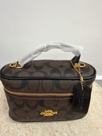 Coach Vanity Case with strap, elegant brown monogram design.