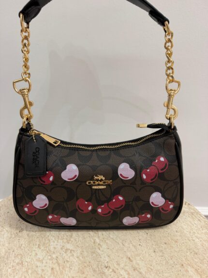 Coach cherry handbag with gold chain, elegant and stylish design.