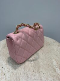 Pink Chanel Mini Flap bag with gold chain handle.